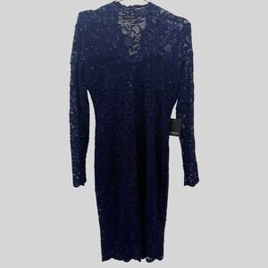 Marina Blue Lace Sequin V Neck Sheath‎ Bodycon Long Sleeve Midi Dress Medium New